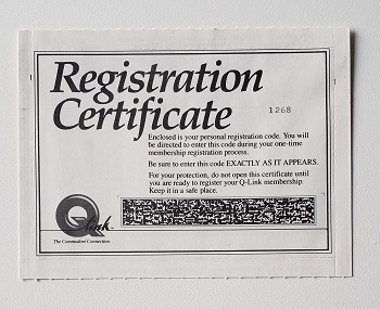 Commodore C1670: QuantumLink Registration Certificate - CA1173938