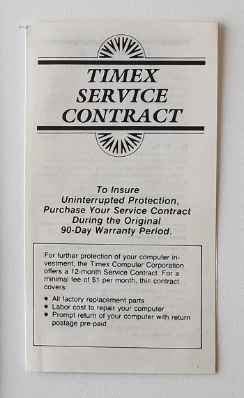 Timex Sinclair TS-1000: Timex Service Contract - P482259SO
