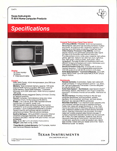 Texas Instruments PHC004C (TI 99/4): Specifications